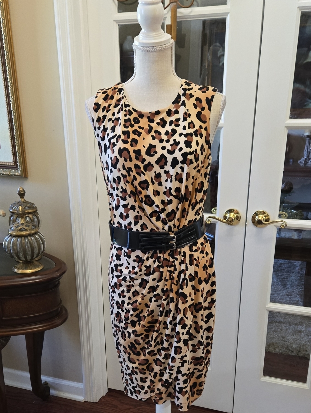 Calvin Klein Leopard Print Dress Tan Black Brown Black Belt Sleeveless Sz 8 EUC